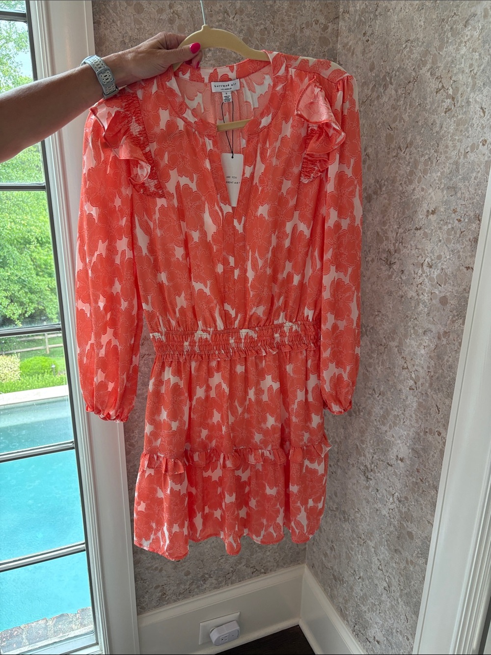 Shoshanna Coral and White Ruffled V-Neck Dress